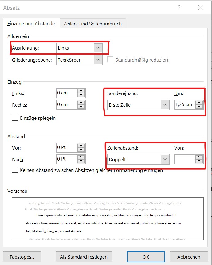 Anzeige der Absatzeinstellungen in Word. Mit roten Markierungen hervorgehoben sind die Einstellungen Allgemein > Ausrichtung > Links; Einzug > Sondereinzug > Erste Zeile > 1,25cm und Abstand > Zeilenabstand > Doppelt