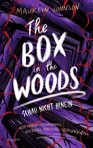 Buchcover in Violett- und Rottönen mit der Illustration ineinander verwobener Baumwurzeln, darüber groß der Titel "The Box in the Woods: Schau nicht hinein".