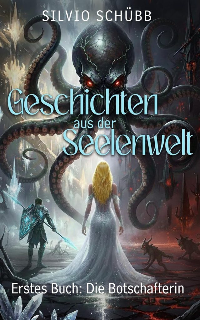 Illustriertes Buchcover in dunklen Farbtönen, im Hintergrund oben mittig ist ein Krake zu sehen, der mit rot leuchtenden Augen auf eine Frau blickt. Diese hat blondes Haar und trägt ein helles, schimmerndes, bodenlanges Kleid und steht mit dem Rücken zum Betrachter. Linkt von ihr steht ein Krieger mit einer türkis leuchtenden Waffe und einem Schild.